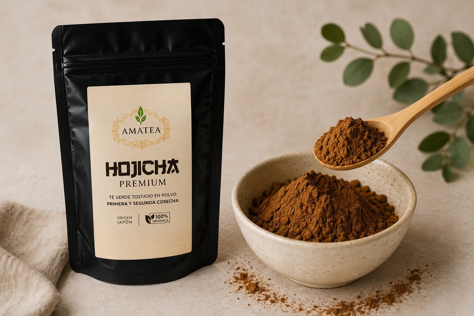 Hojicha en polvo japonés de color marrón tostado